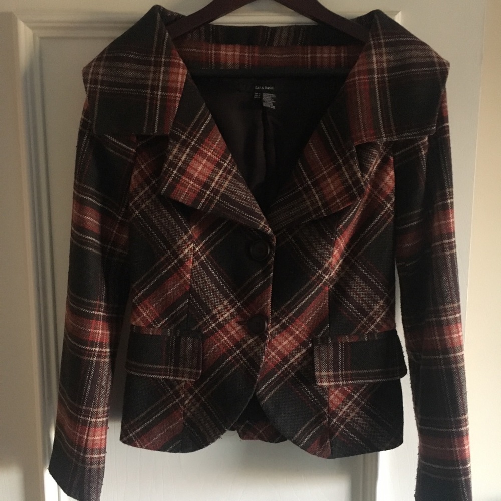 Zara tailored wool blend fabric plaid blazer
